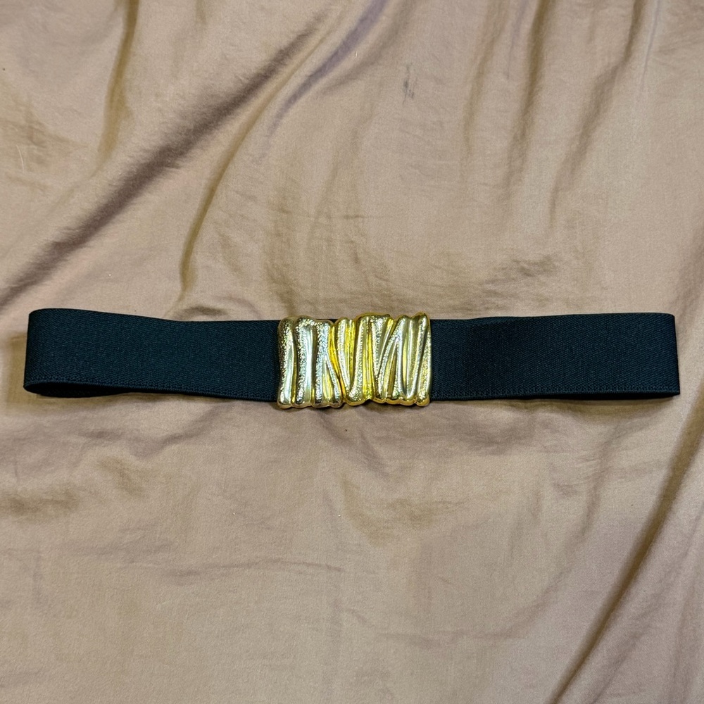 black stretch belt gold-tone abstract buckle women’s size s/m retro‎ 80’s 90’s